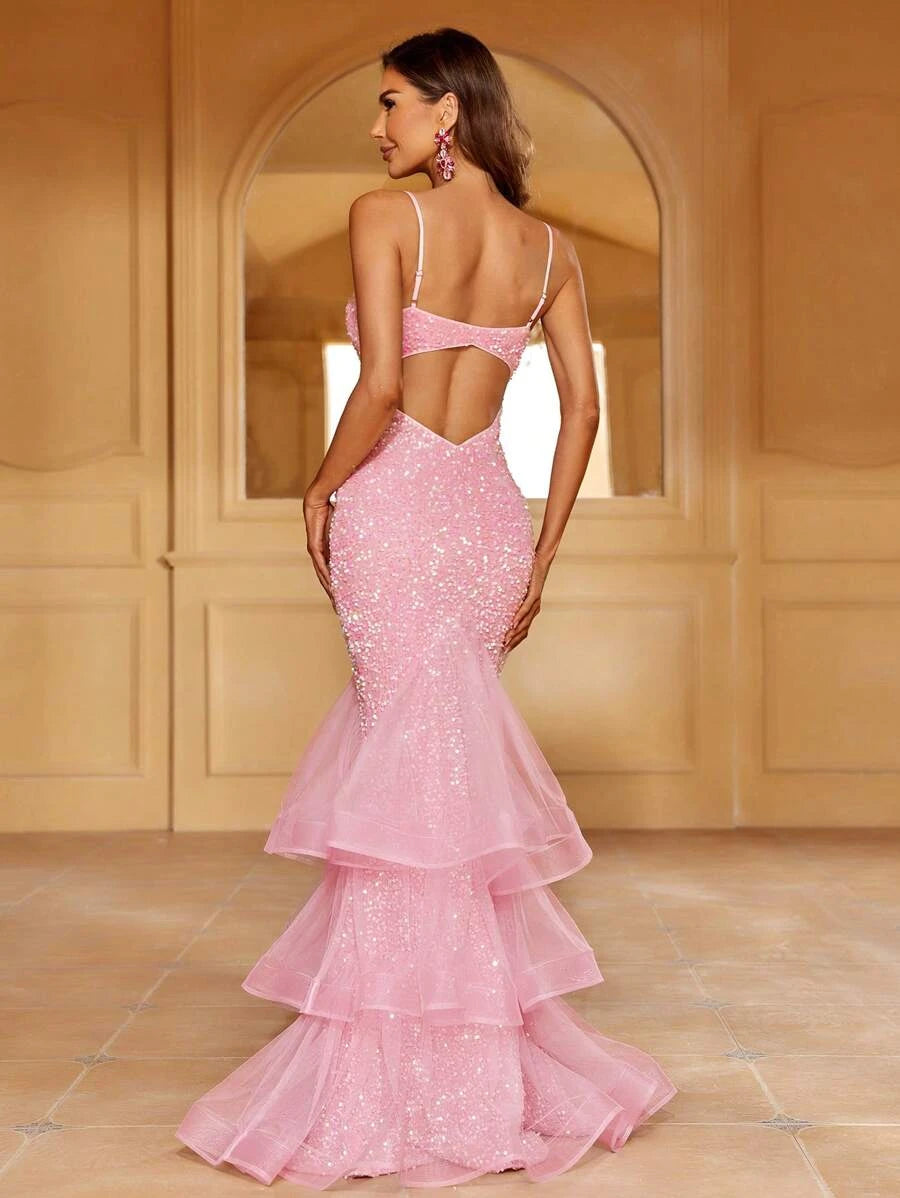 Sparkling Mermaid Sweetheart Tiered Tulle Sequin Pink Floor-Length Prom Dress