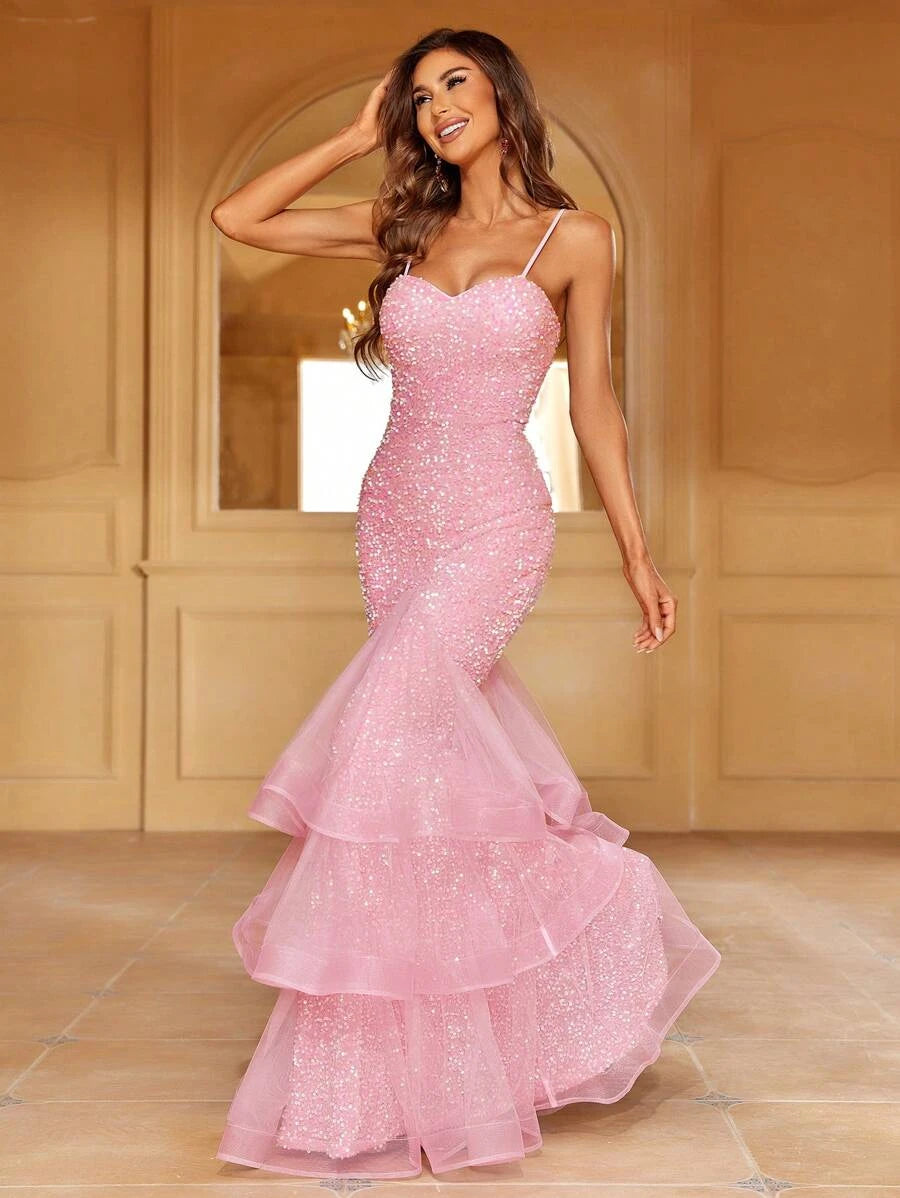 Sparkling Mermaid Sweetheart Tiered Tulle Sequin Pink Floor-Length Prom Dress