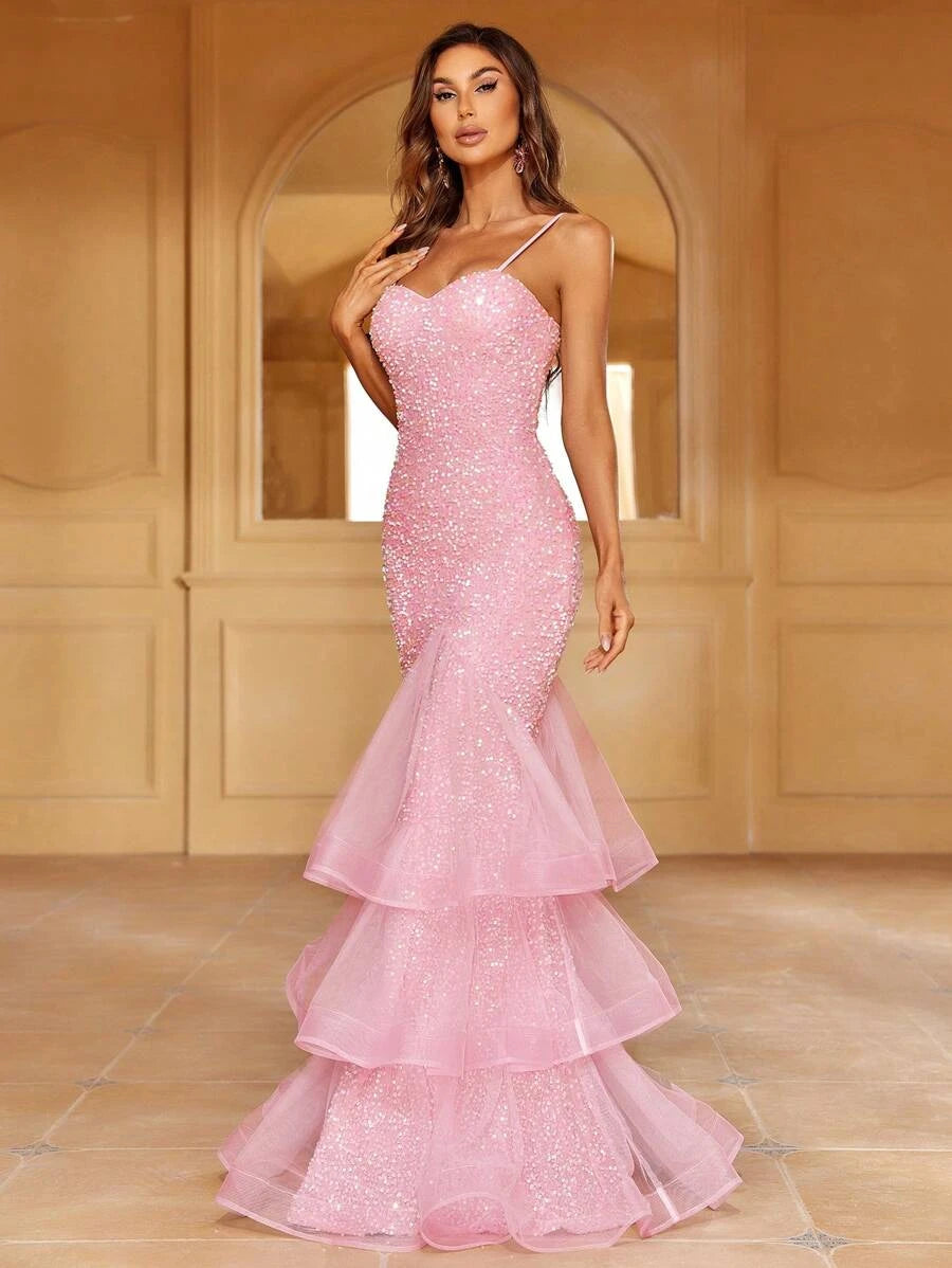 Sparkling Mermaid Sweetheart Tiered Tulle Sequin Pink Floor-Length Prom Dress