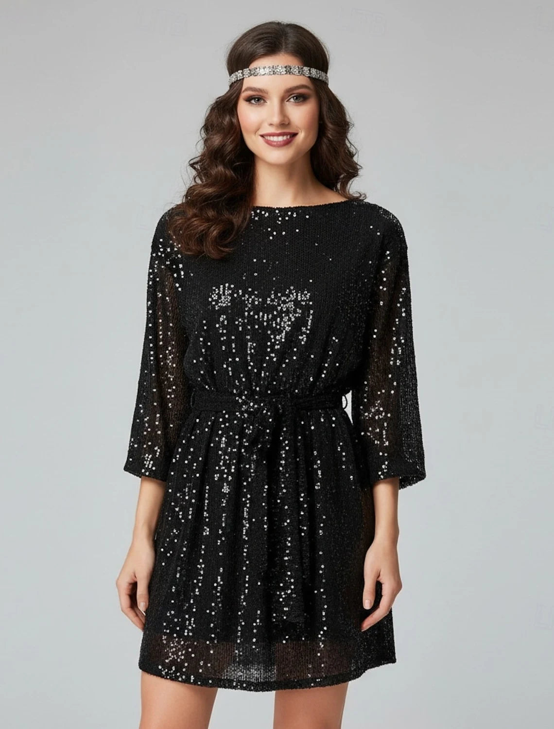 Sparkling Sheath Boat Neck 3/4 Sleeve Tie-Waist Sequins Black Mini Homecoming Dress