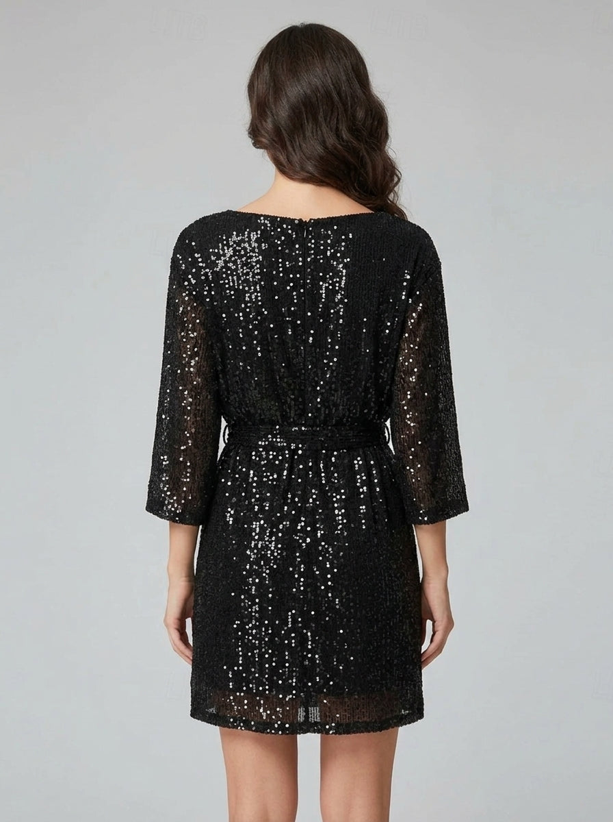 Sparkling Sheath Boat Neck 3/4 Sleeve Tie-Waist Sequins Black Mini Homecoming Dress