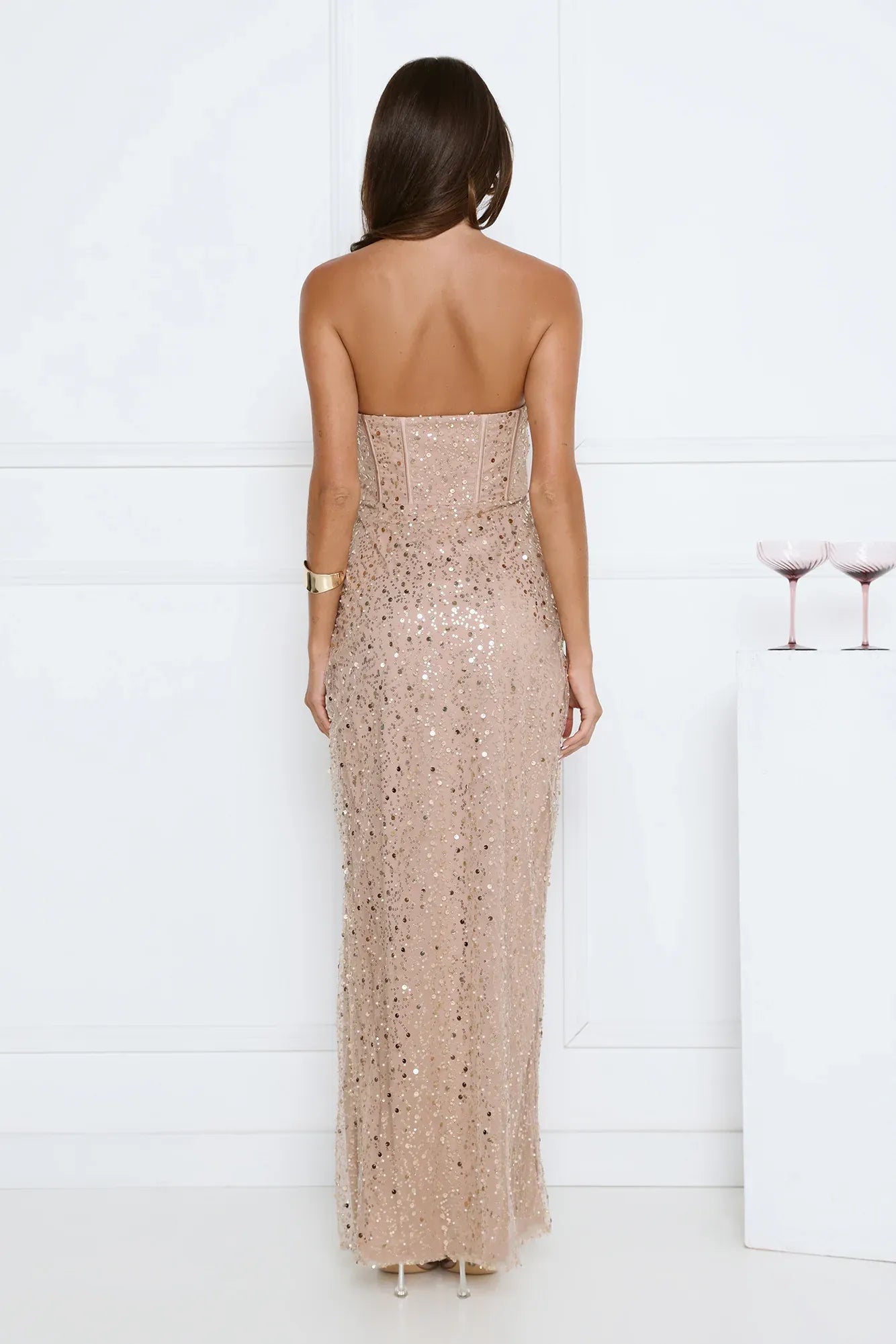 Sparkling Sheath Strapless corset Ruched Sequin Nude Floor-Length Prom Dress