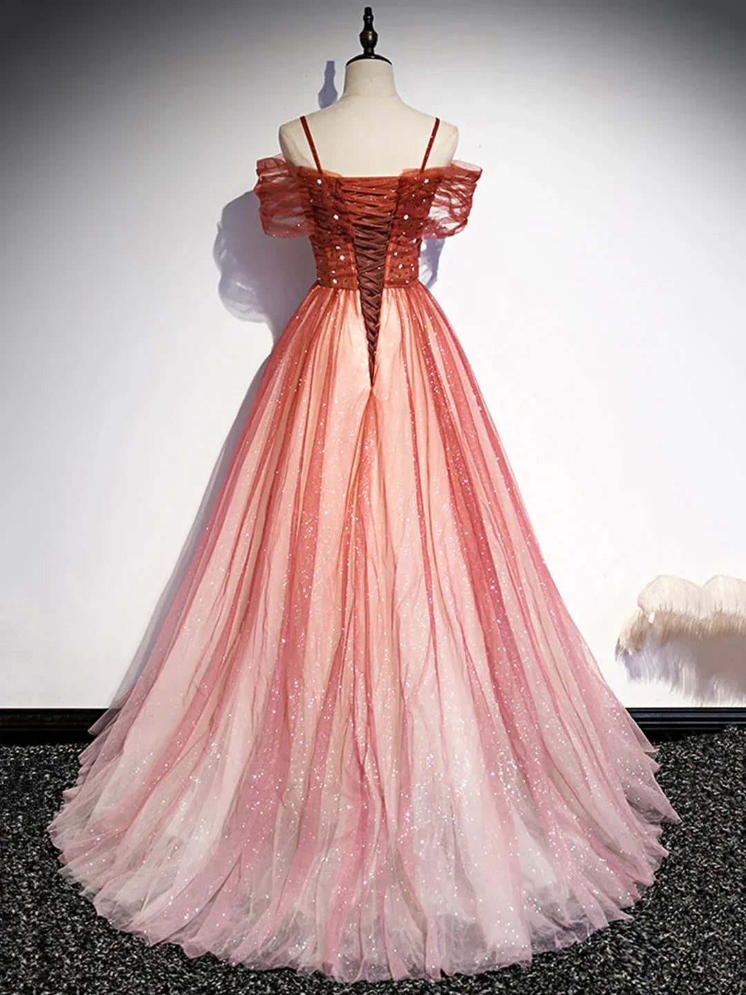 Sparkly A-Line Off-Shoulder Ruched Sequins Tulle Ombre Pink Floor-Length Prom Dress