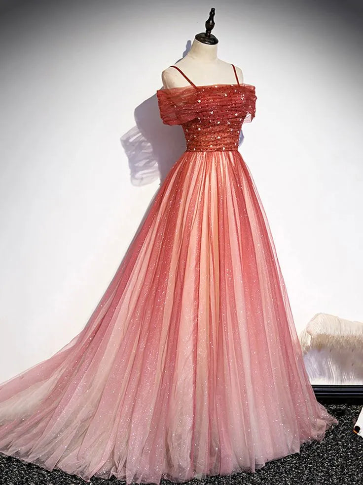 Sparkly A-Line Off-Shoulder Ruched Sequins Tulle Ombre Pink Floor-Length Prom Dress