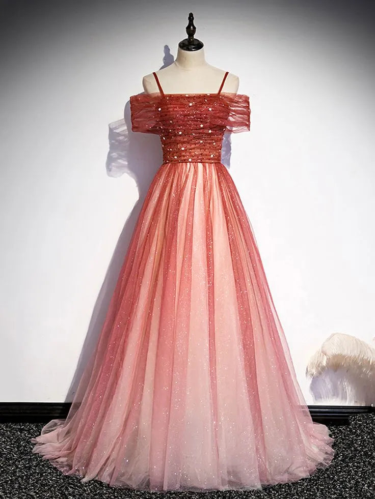 Sparkly A-Line Off-Shoulder Ruched Sequins Tulle Ombre Pink Floor-Length Prom Dress