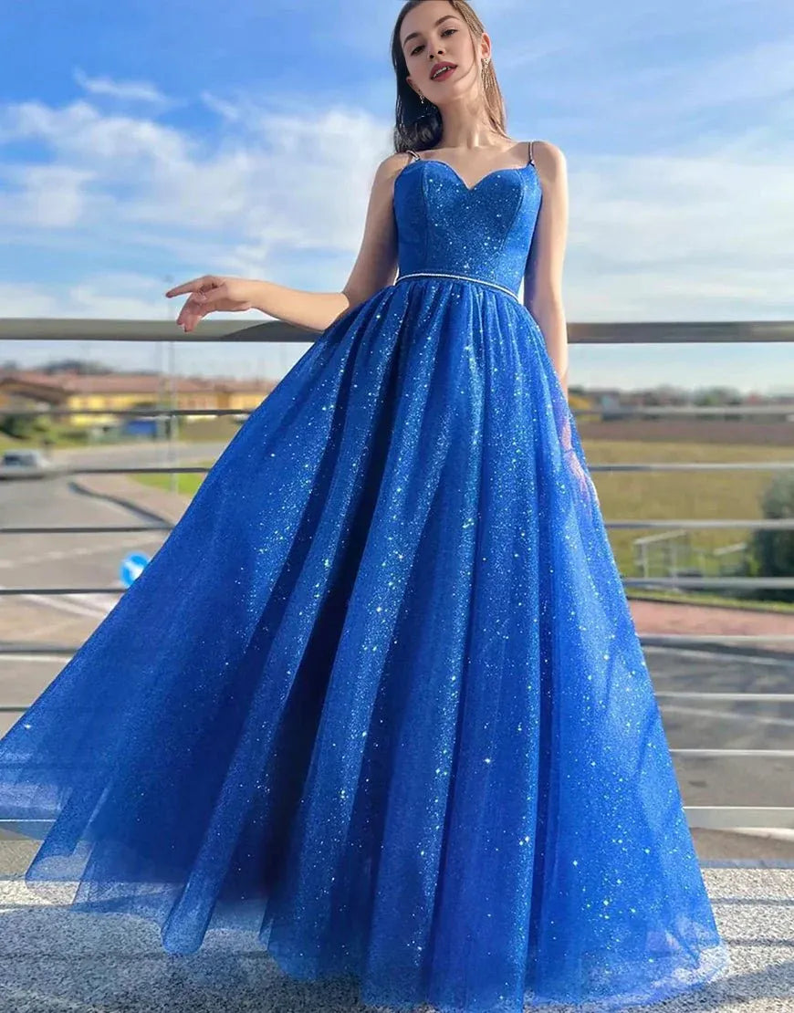 Sparkly A Line Spaghetti Straps Glitter Tulle Royal Blue Long Prom Dress