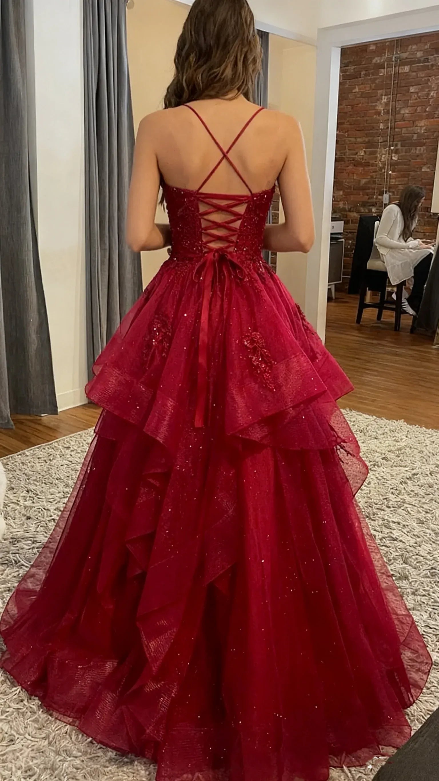 Sparkly Ball Gown Spaghetti Strap Applique Layers Burgundy Floor Length Prom Dress