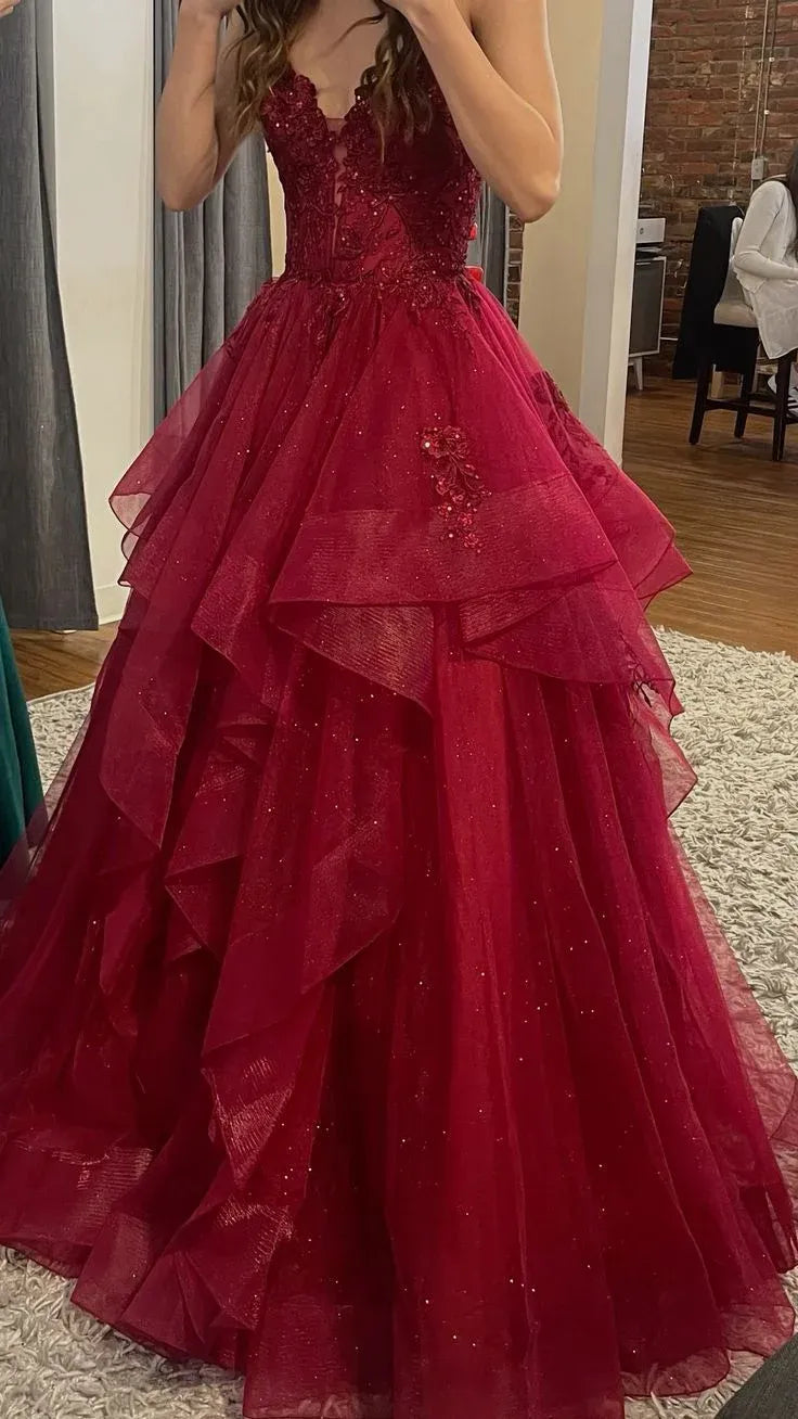 Sparkly Ball Gown Spaghetti Strap Applique Layers Burgundy Floor Length Prom Dress
