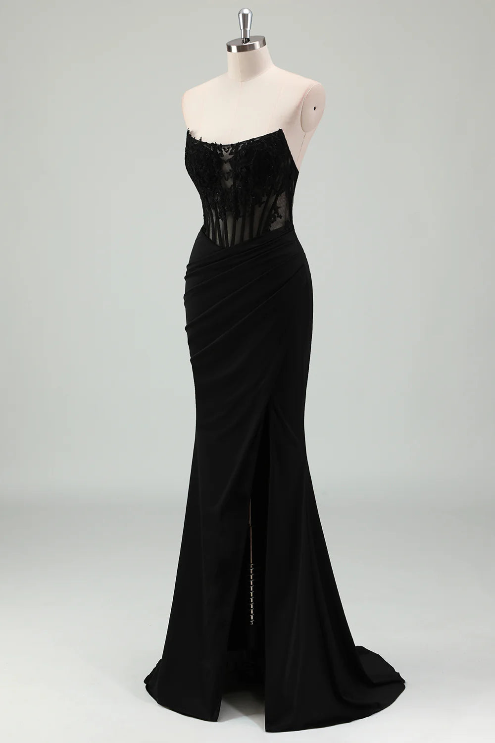 Sparkly Black Applique Strapless Slit Mermaid Corset Long Prom Dress Black Evening Dress