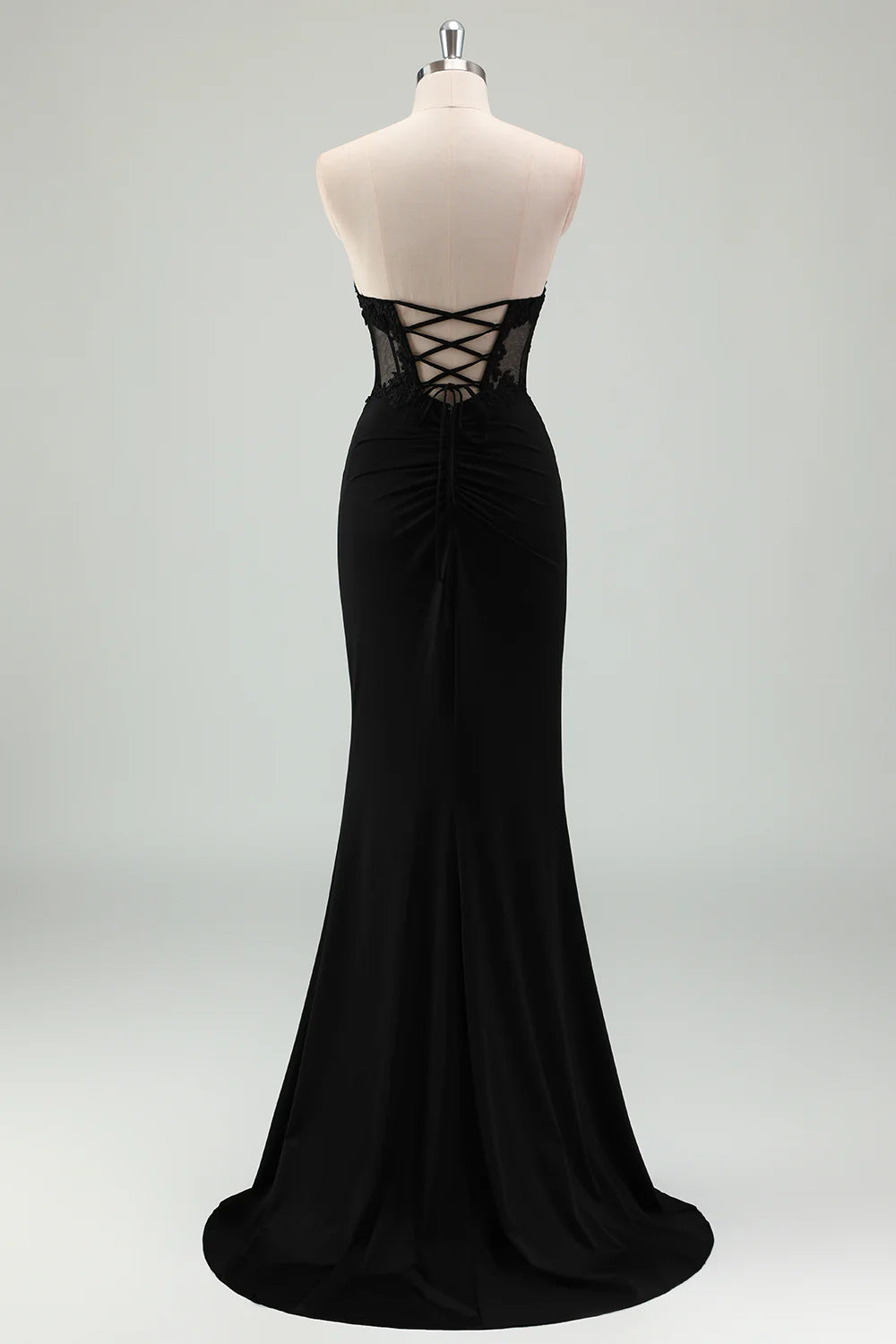 Sparkly Black Applique Strapless Slit Mermaid Corset Long Prom Dress Black Evening Dress