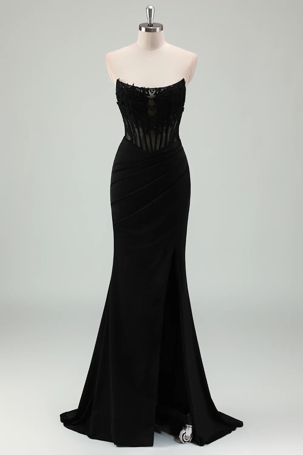 Sparkly Black Applique Strapless Slit Mermaid Corset Long Prom Dress Black Evening Dress