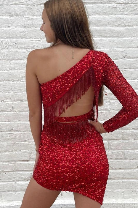 Sparkly Burgundy One Shoulder Long Sleeves Cut Out Tight Short Homecoming Dress With Fringes