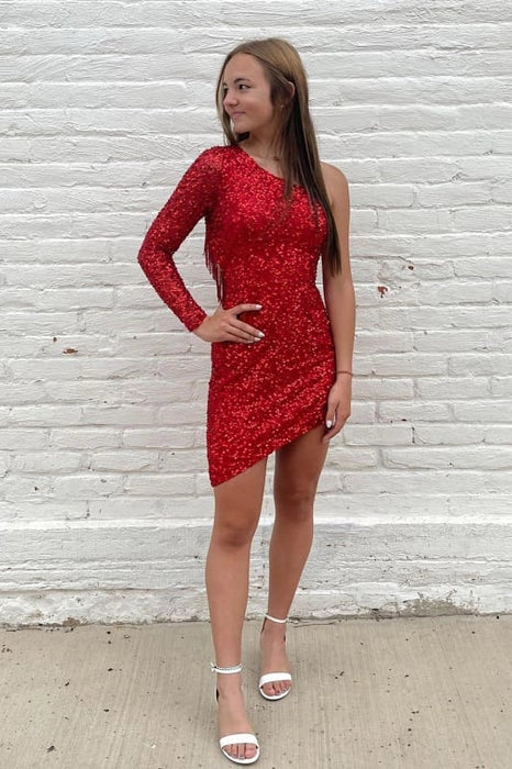 Sparkly Burgundy One Shoulder Long Sleeves Cut Out Tight Short Homecoming Dress With Fringes