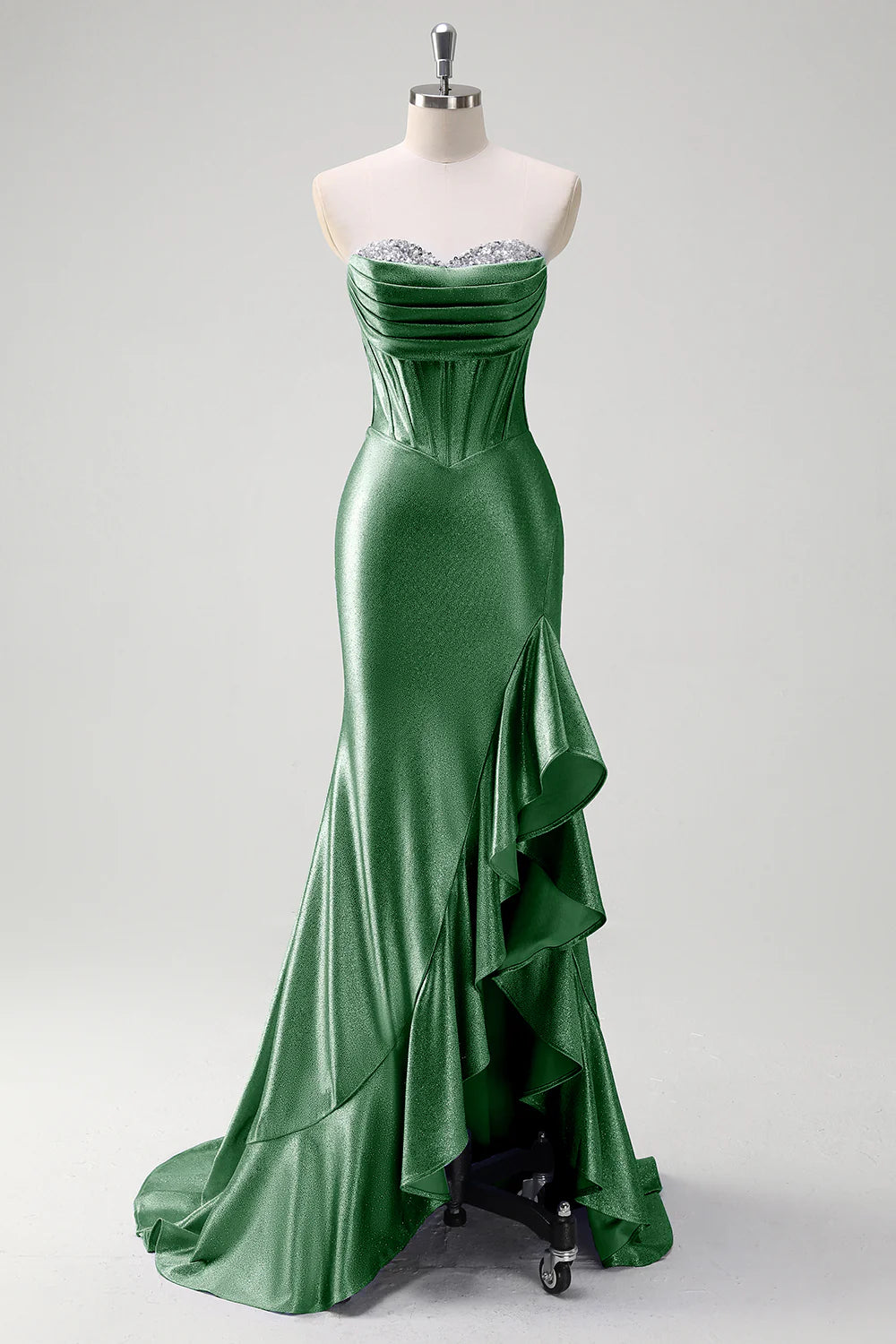 Sparkly Champagne Satin Pleated Mermaid High Low Strapless Ruffle Corset Long Prom Dress