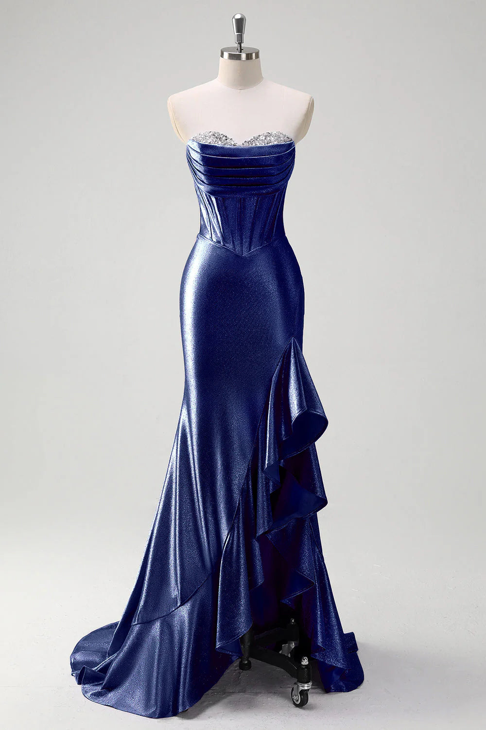 Sparkly Champagne Satin Pleated Mermaid High Low Strapless Ruffle Corset Long Prom Dress