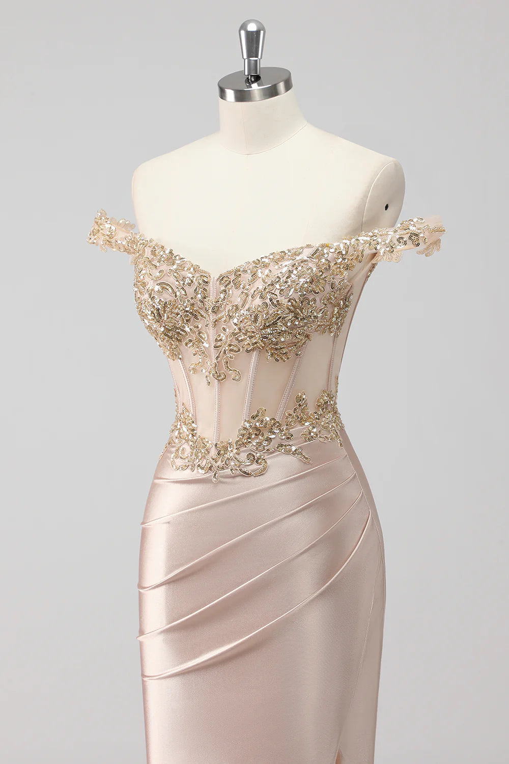 Sparkly Champagne Sequins Applique Off the Shoulder Corset Lace-Up Back Prom Dress with Slit