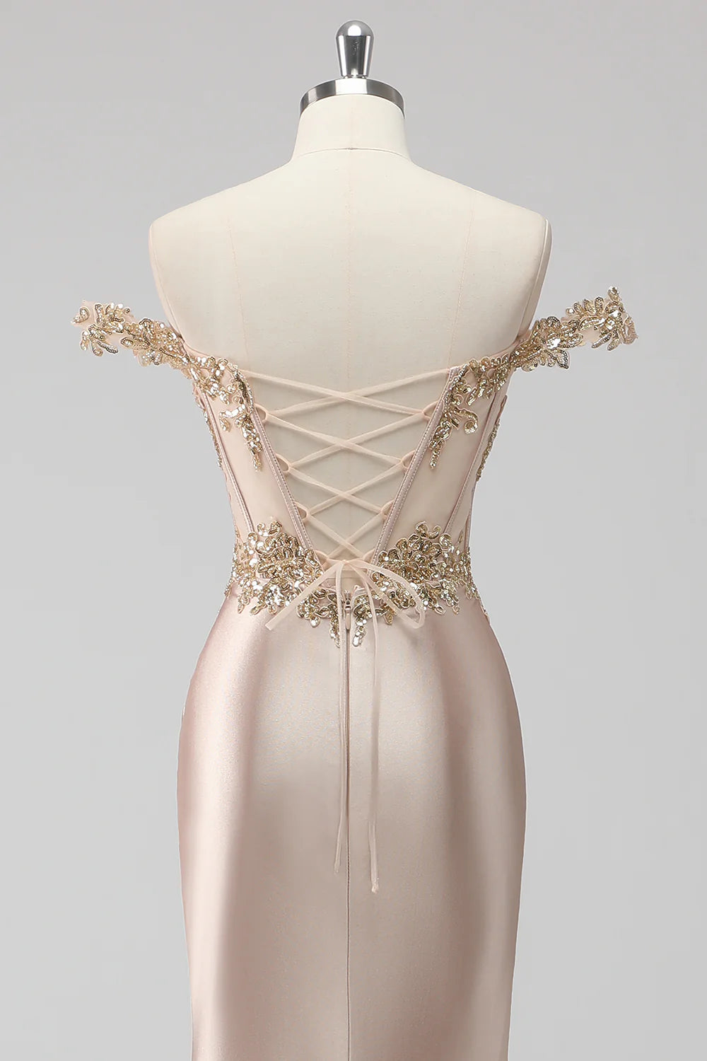 Sparkly Champagne Sequins Applique Off the Shoulder Corset Lace-Up Back Prom Dress with Slit