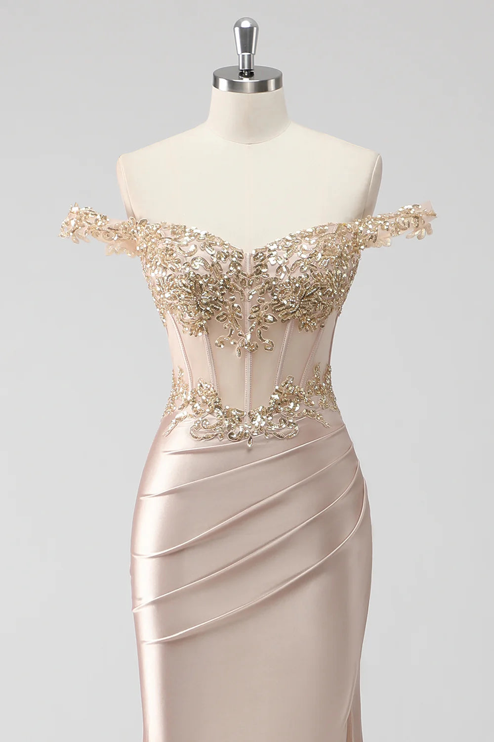 Sparkly Champagne Sequins Applique Off the Shoulder Corset Lace-Up Back Prom Dress with Slit