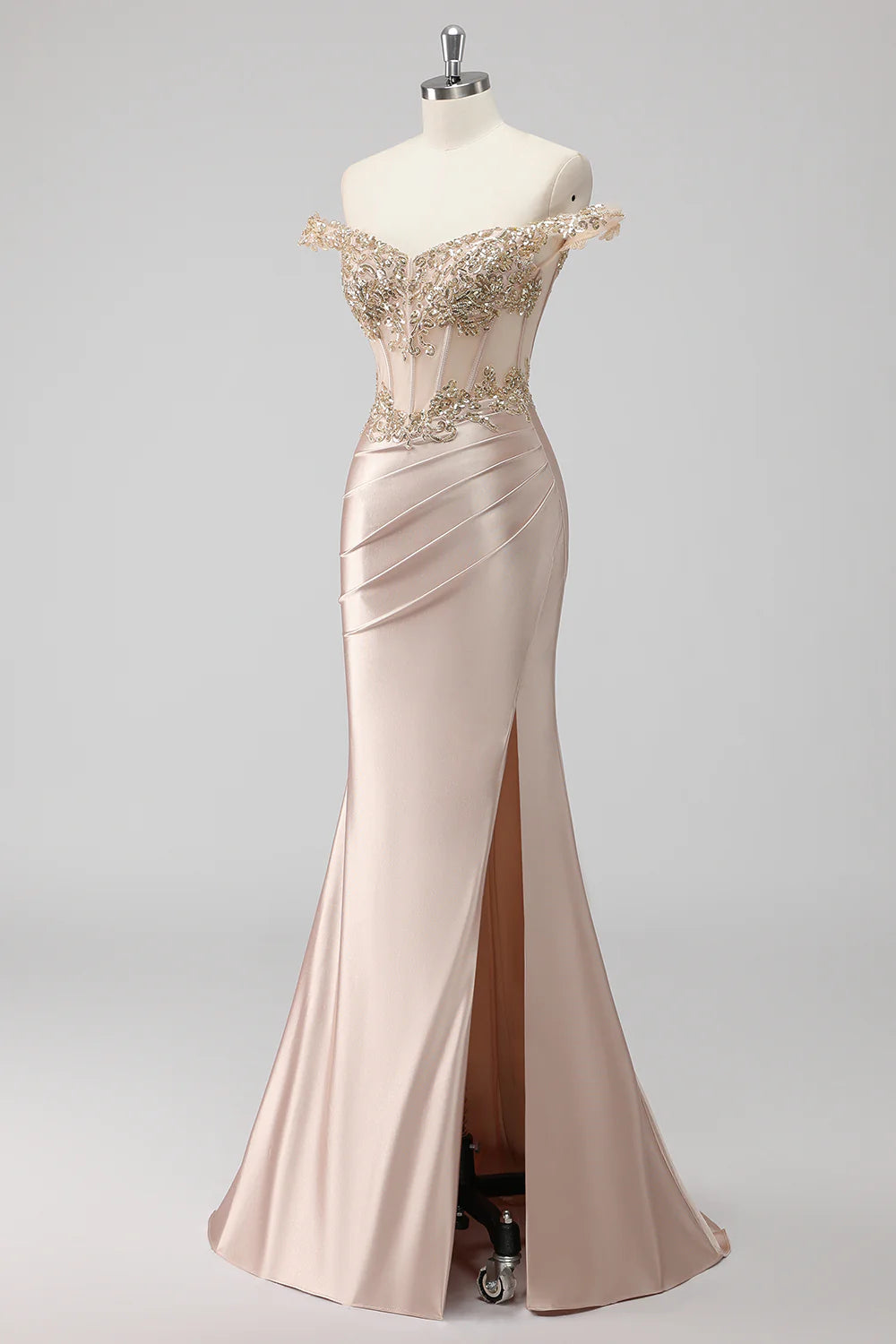 Sparkly Champagne Sequins Applique Off the Shoulder Corset Lace-Up Back Prom Dress with Slit
