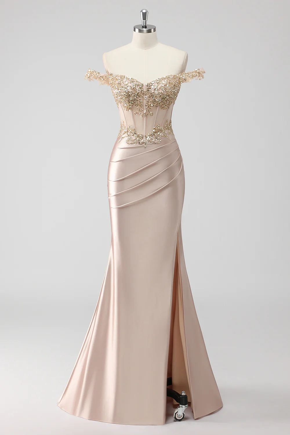 Sparkly Champagne Sequins Applique Off the Shoulder Corset Lace-Up Back Prom Dress with Slit