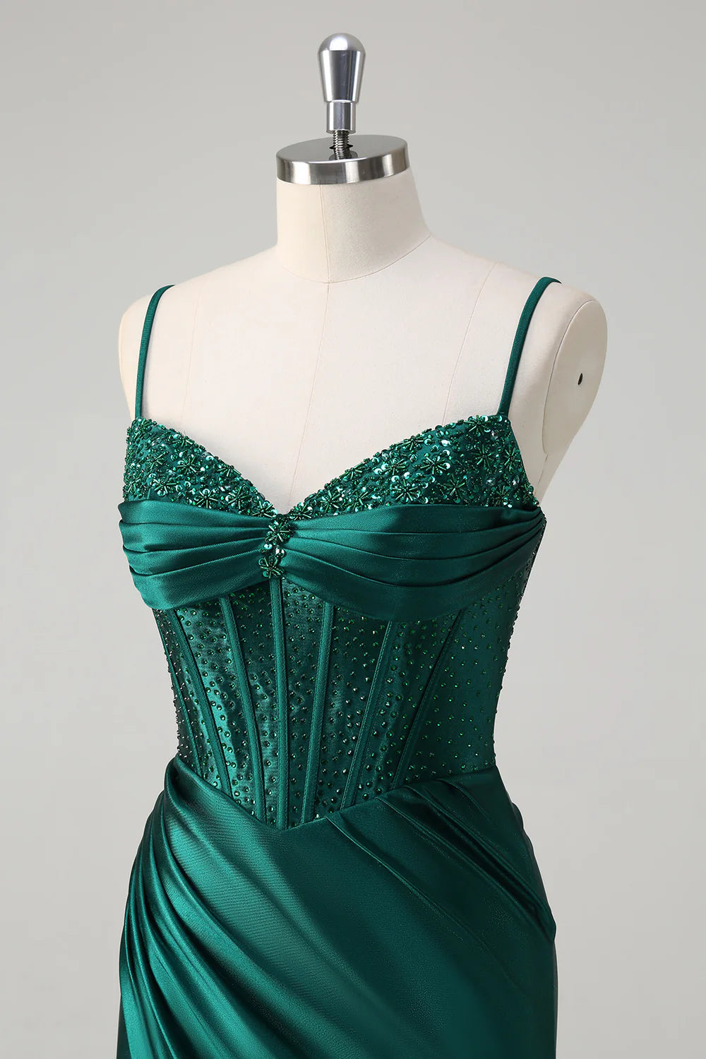 Sparkly Dark Green Mermaid Corset Beaded Pleats Spaghetti Straps Long Prom Dress with Slit