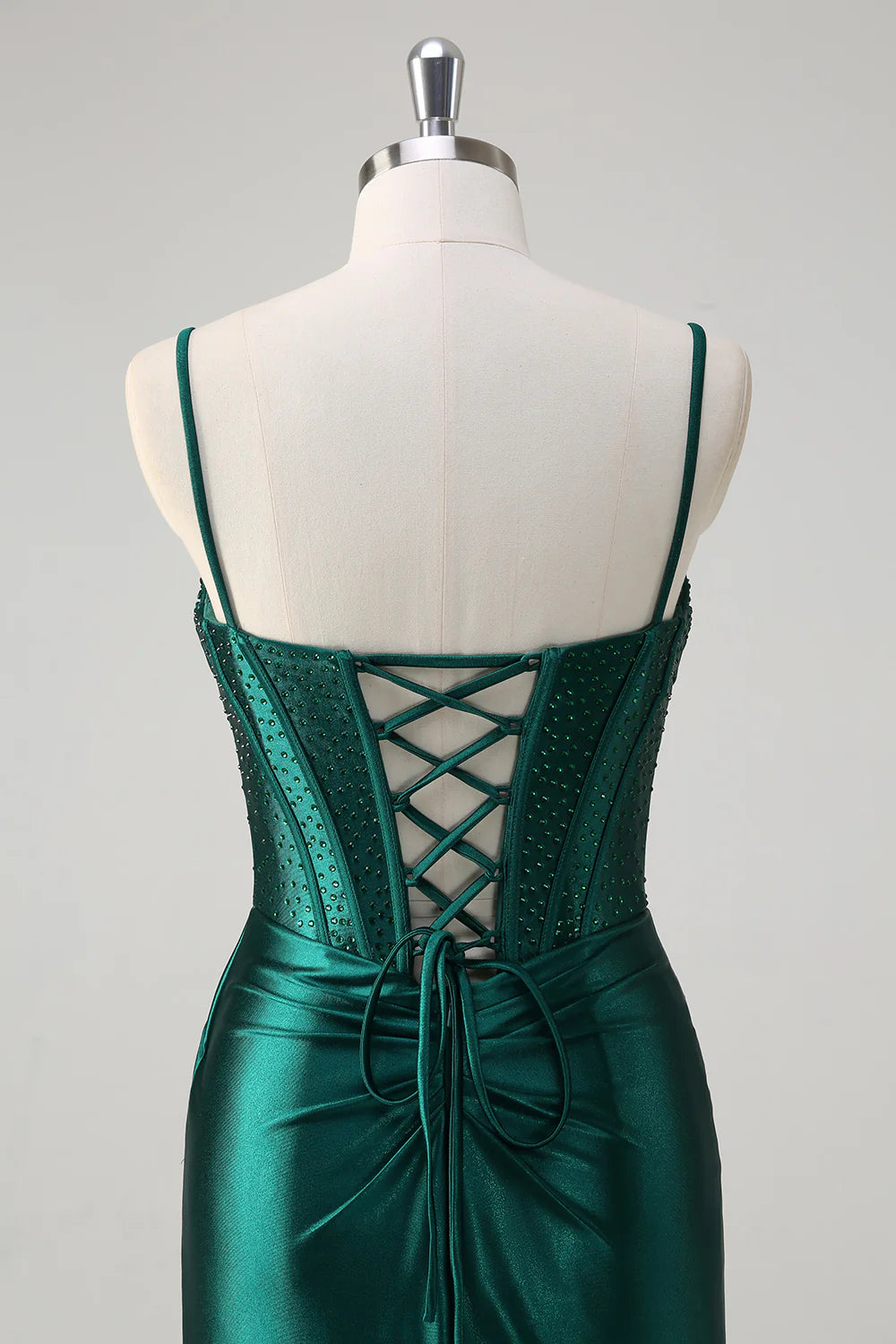 Sparkly Dark Green Mermaid Corset Beaded Pleats Spaghetti Straps Long Prom Dress with Slit