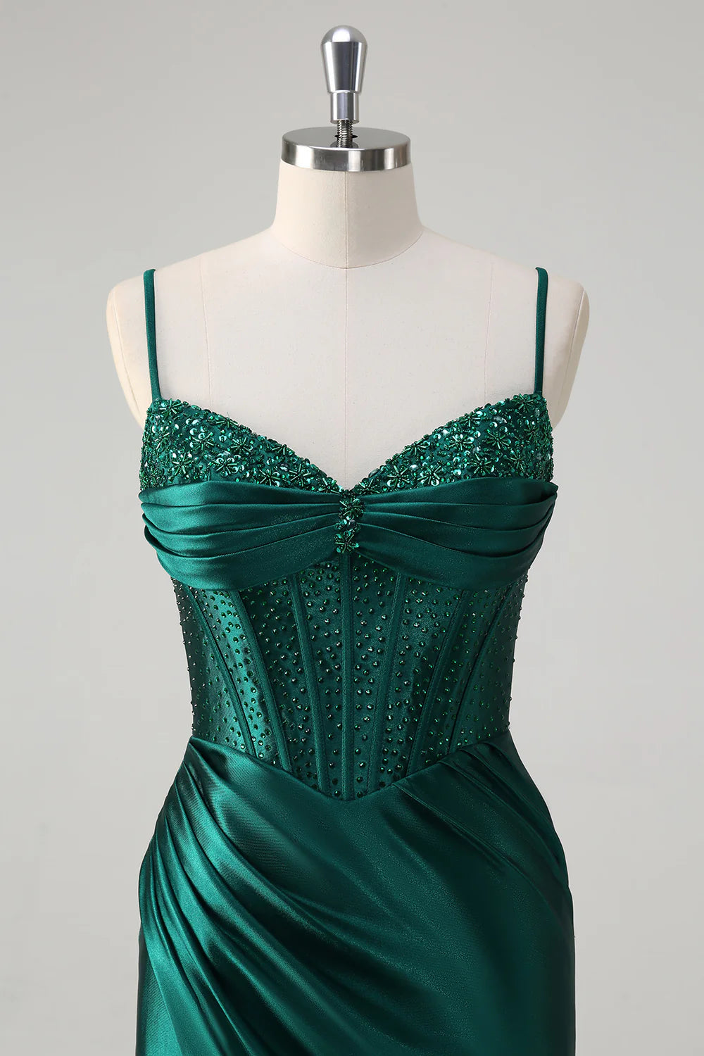 Sparkly Dark Green Mermaid Corset Beaded Pleats Spaghetti Straps Long Prom Dress with Slit
