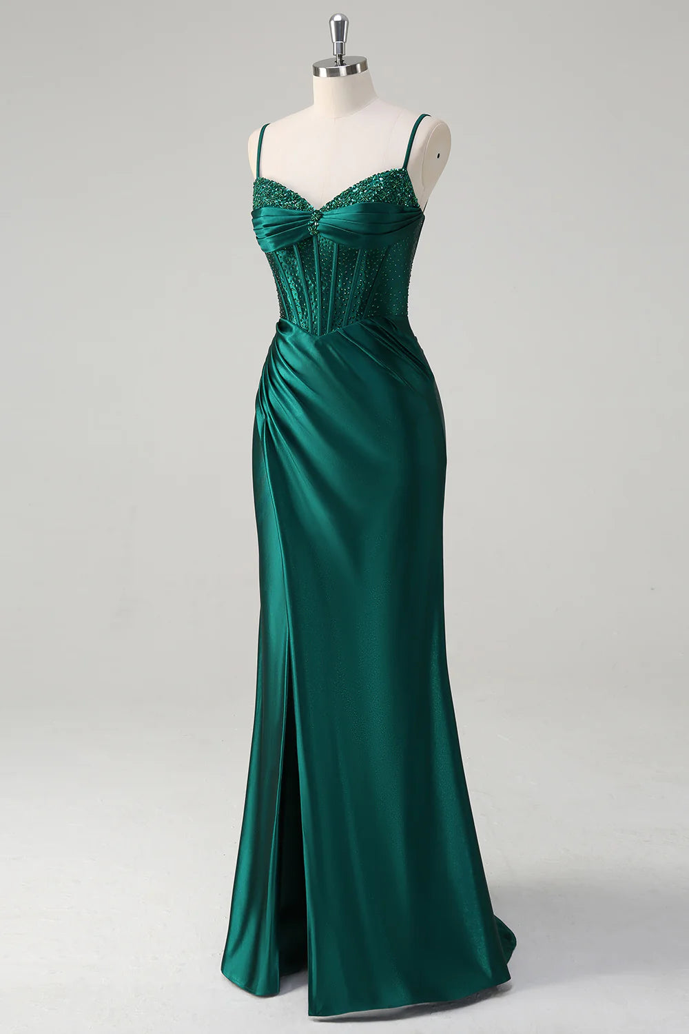 Sparkly Dark Green Mermaid Corset Beaded Pleats Spaghetti Straps Long Prom Dress with Slit