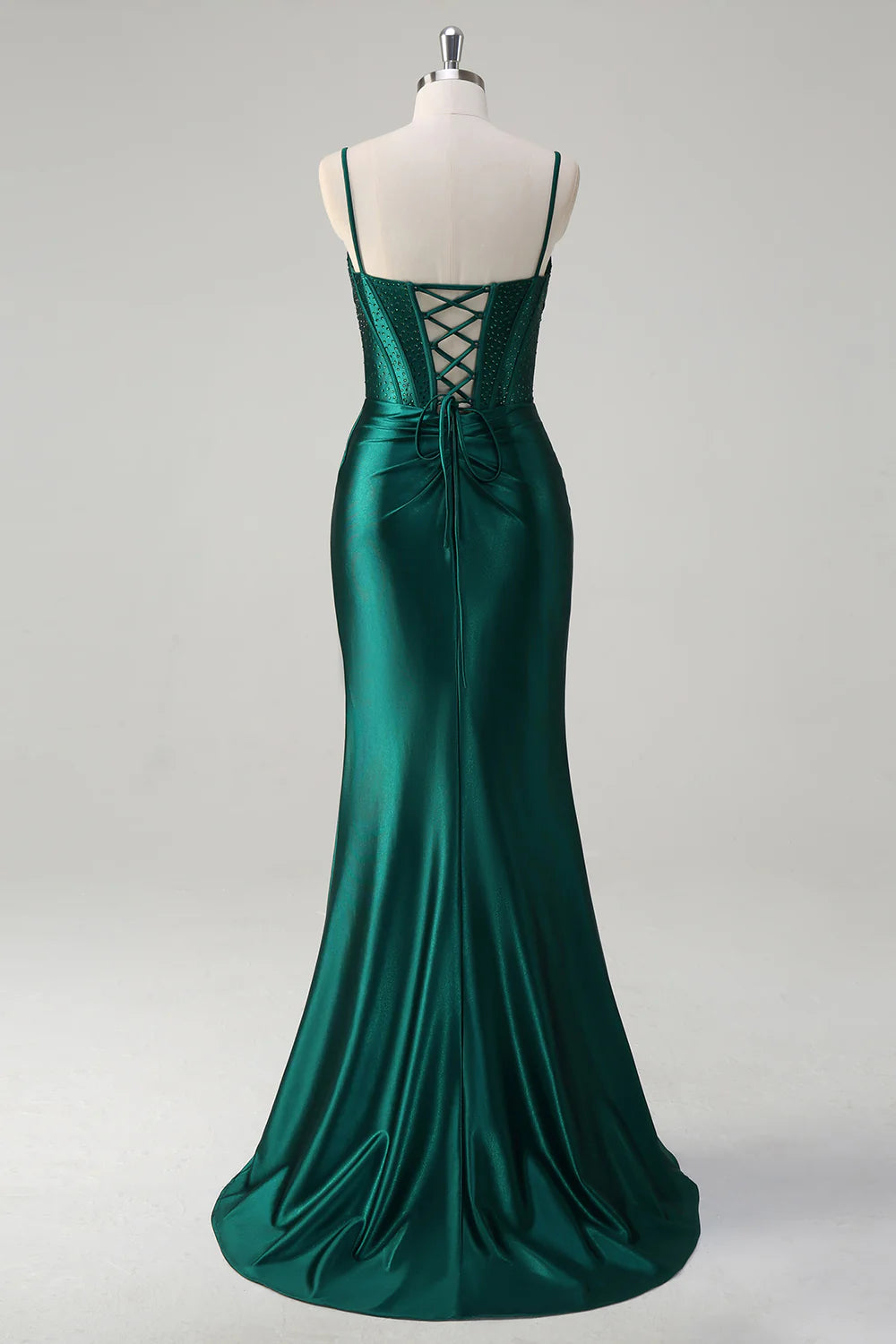 Sparkly Dark Green Mermaid Corset Beaded Pleats Spaghetti Straps Long Prom Dress with Slit