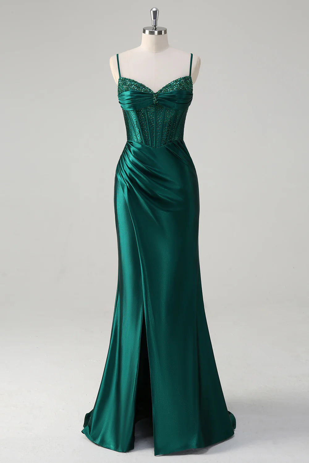 Sparkly Dark Green Mermaid Corset Beaded Pleats Spaghetti Straps Long Prom Dress with Slit