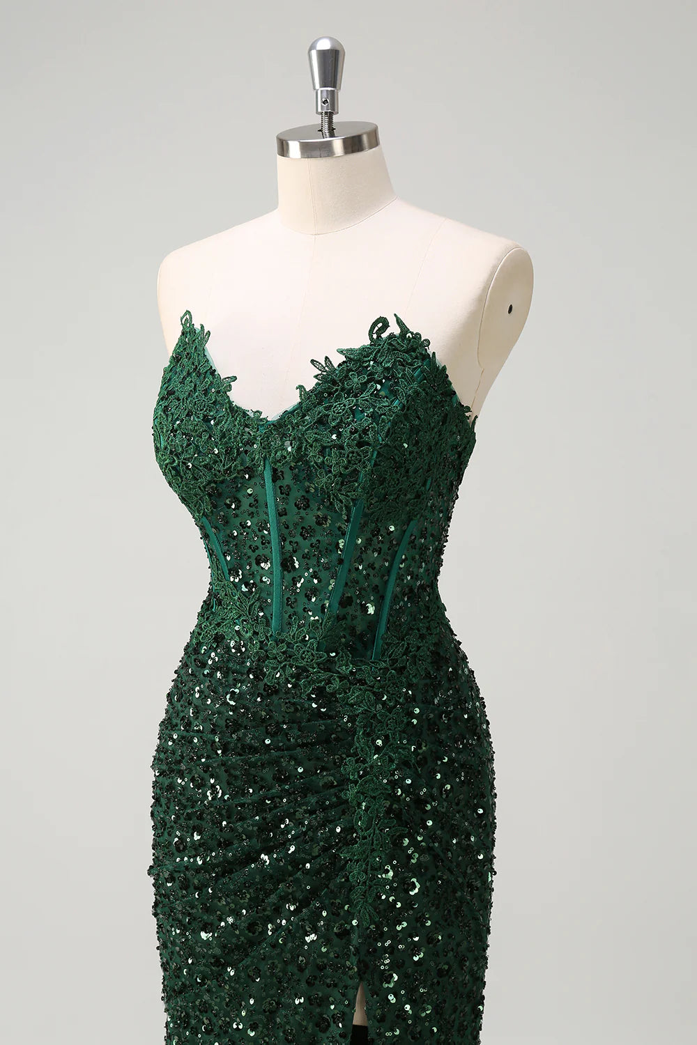 Sparkly Dark Green V Neck Mermaid Sweetheart Corset Sequins Lace Prom Dress With High Slit