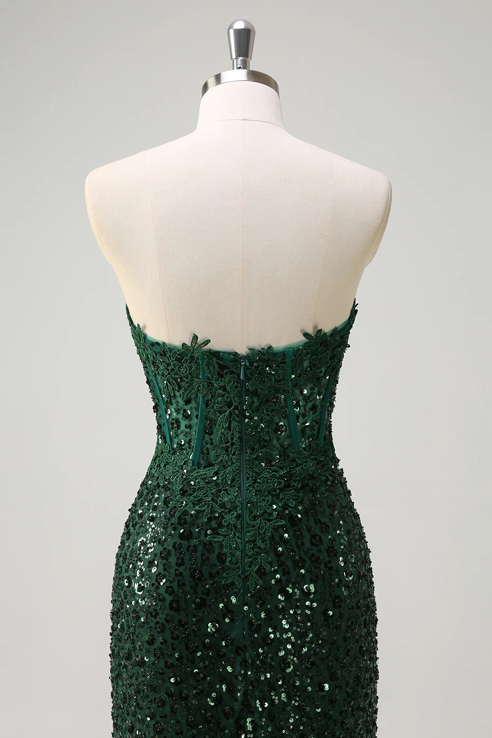 Sparkly Dark Green V Neck Mermaid Sweetheart Corset Sequins Lace Prom Dress With High Slit
