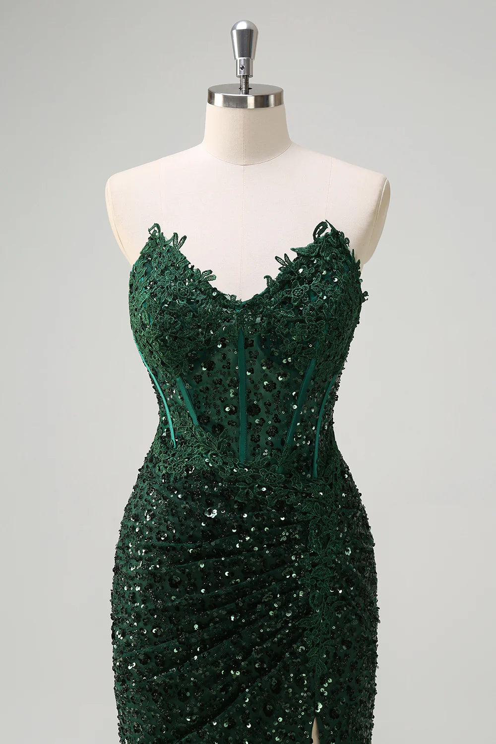 Sparkly Dark Green V Neck Mermaid Sweetheart Corset Sequins Lace Prom Dress With High Slit