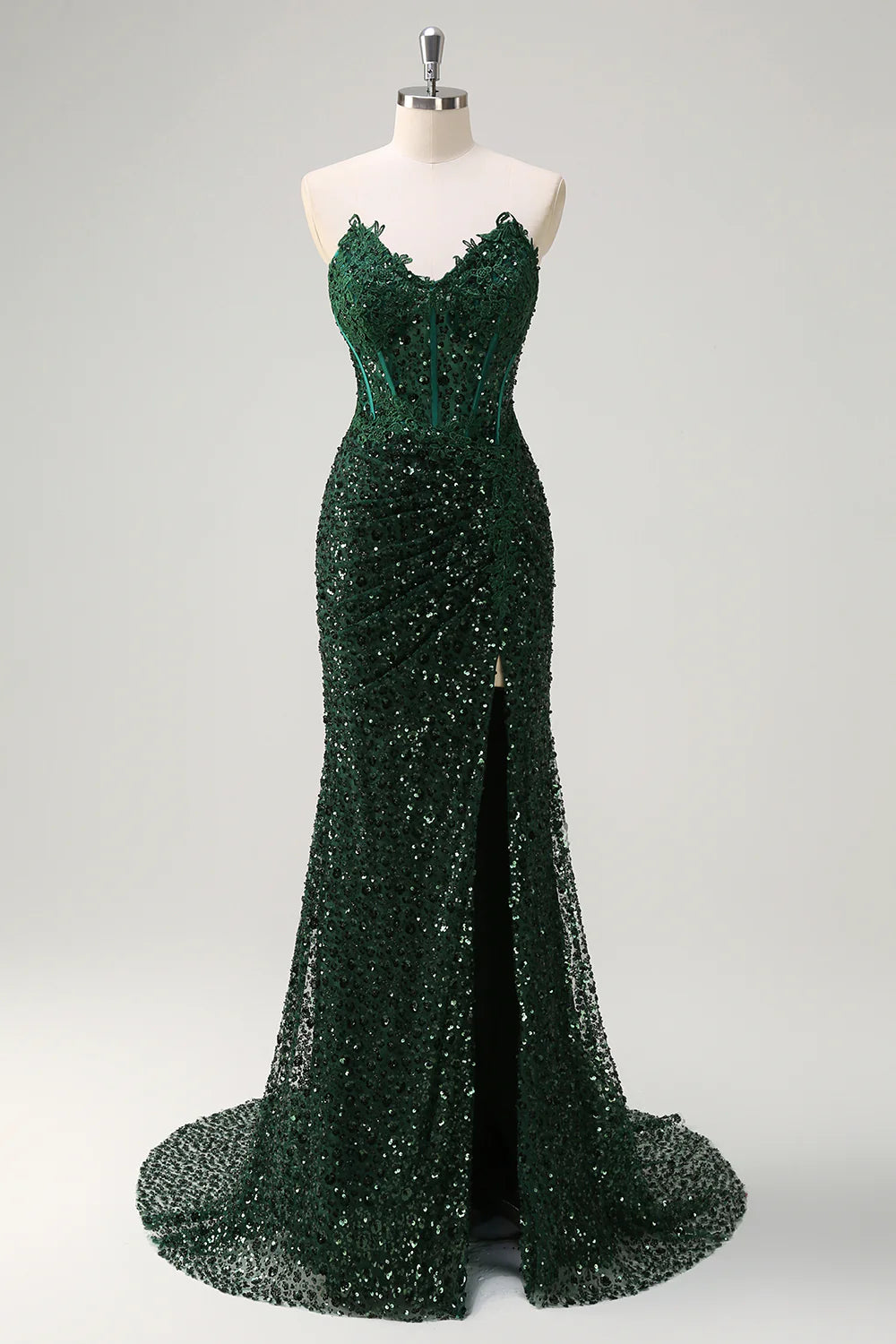 Sparkly Dark Green V Neck Mermaid Sweetheart Corset Sequins Lace Prom Dress With High Slit