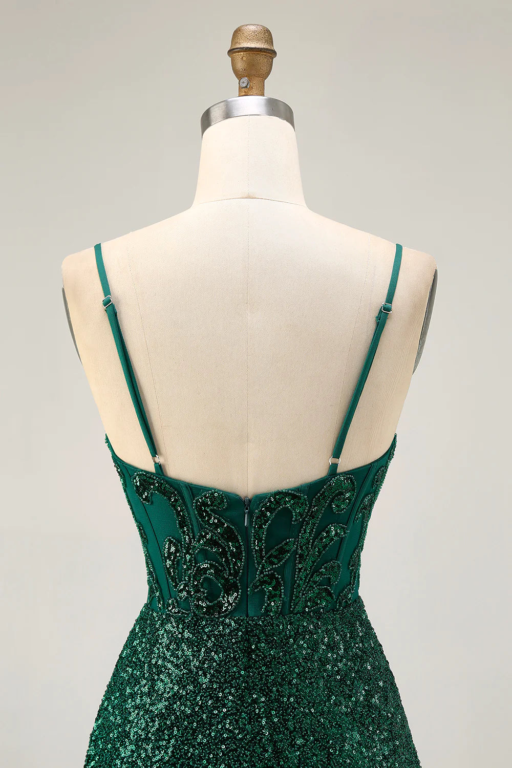 Sparkly Dark Green V Neck Spaghetti Straps Sequins With Beaded Bodycon Corset Short Party Dress