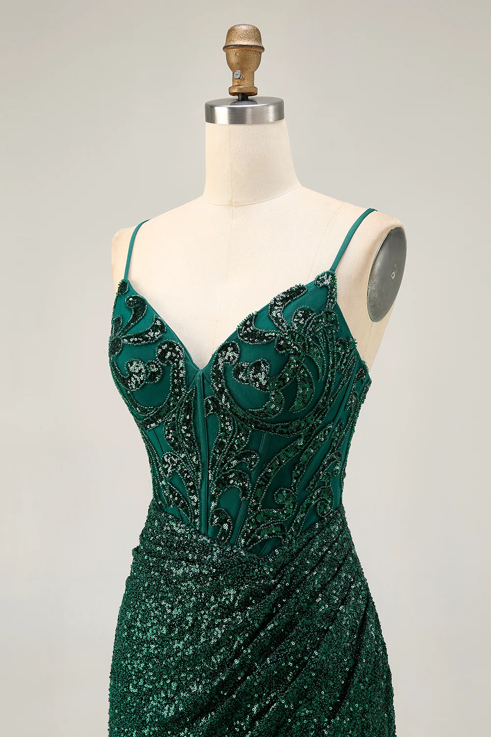 Sparkly Dark Green V Neck Spaghetti Straps Sequins With Beaded Bodycon Corset Short Party Dress