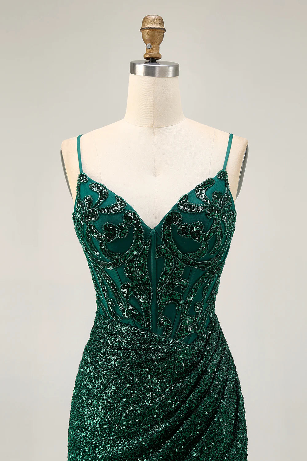 Sparkly Dark Green V Neck Spaghetti Straps Sequins With Beaded Bodycon Corset Short Party Dress