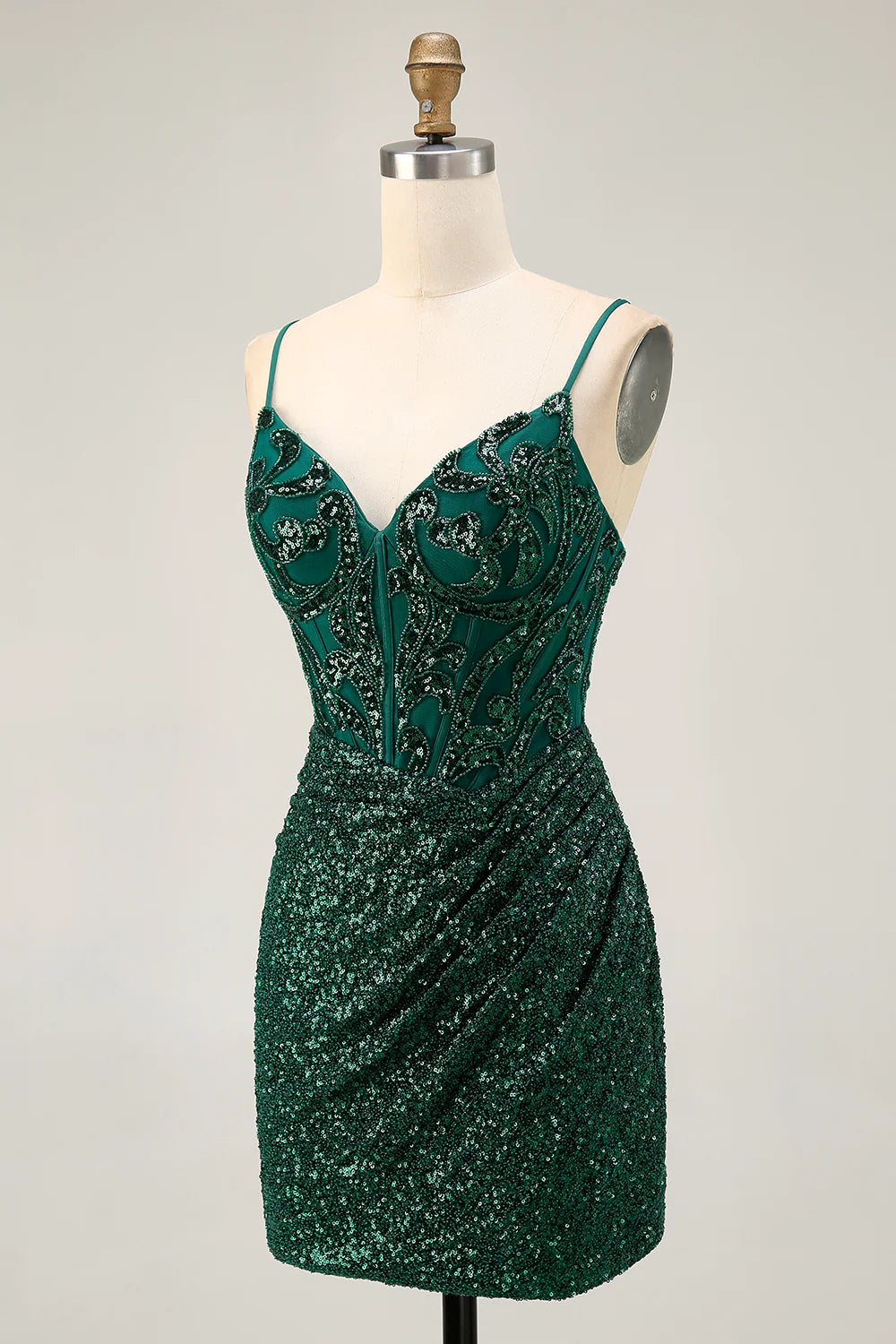 Sparkly Dark Green V Neck Spaghetti Straps Sequins With Beaded Bodycon Corset Short Party Dress
