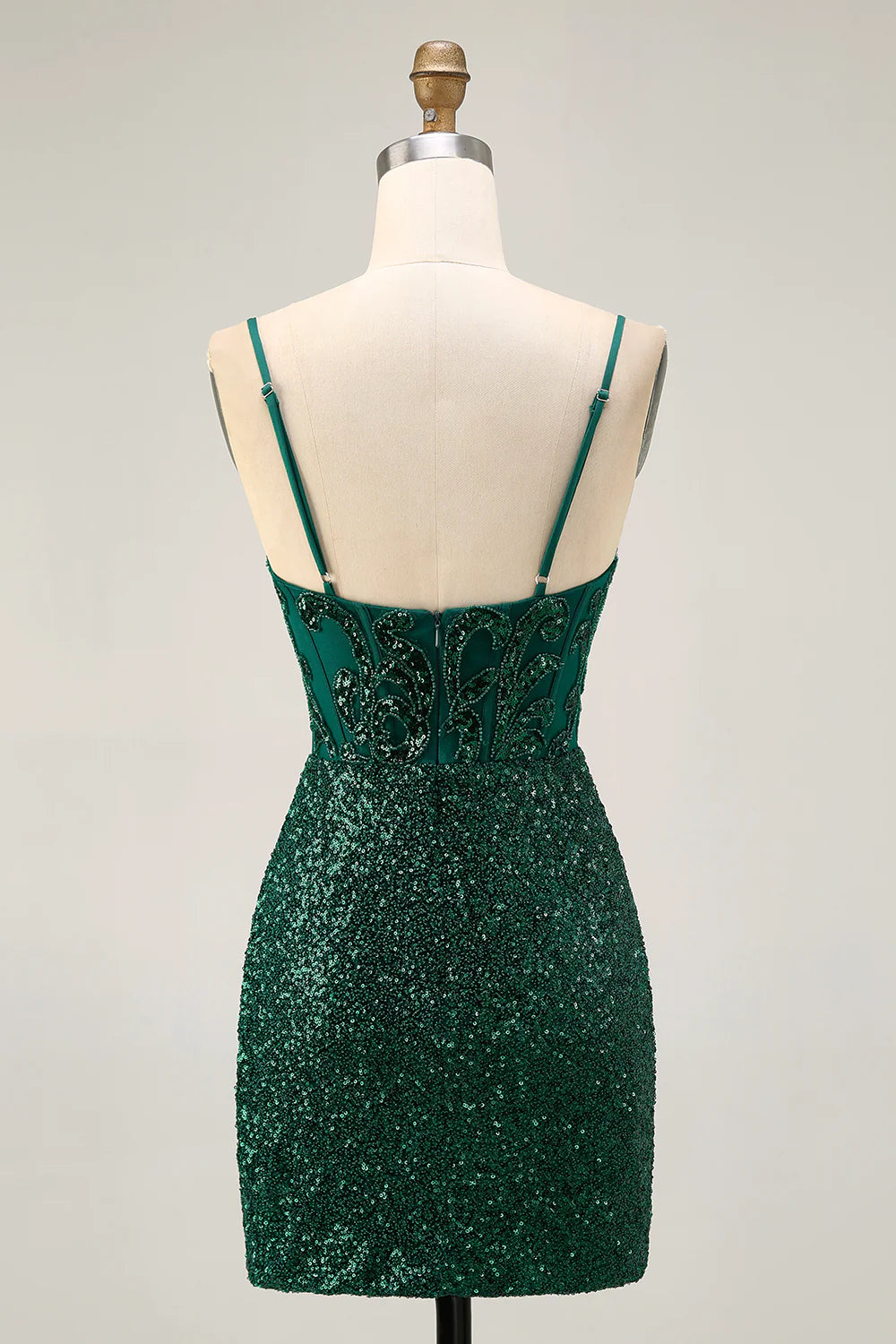 Sparkly Dark Green V Neck Spaghetti Straps Sequins With Beaded Bodycon Corset Short Party Dress