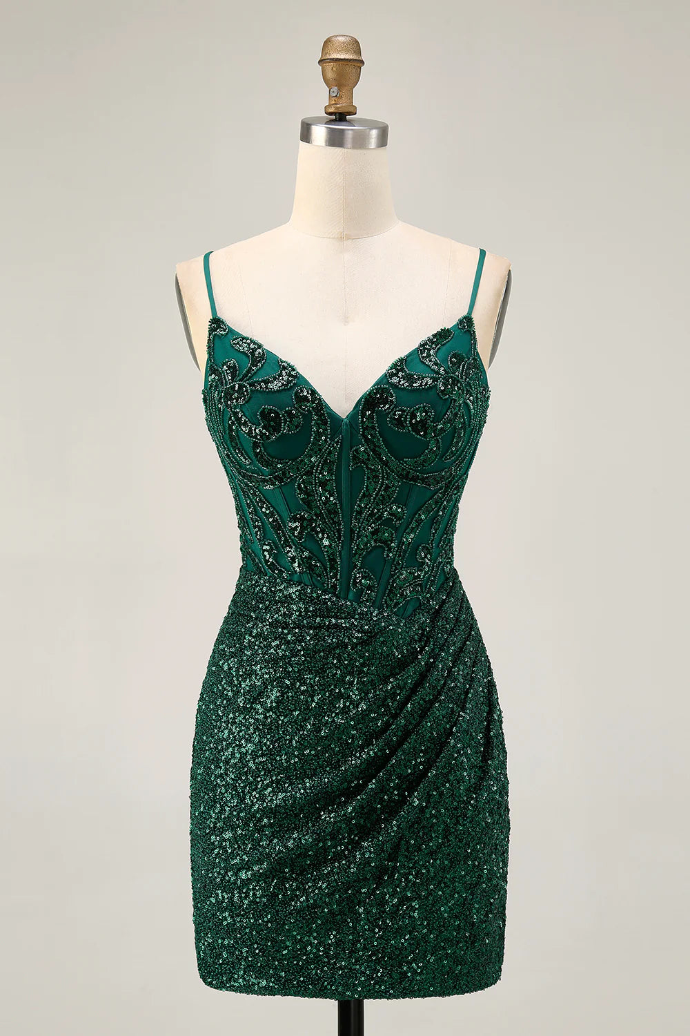 Sparkly Dark Green V Neck Spaghetti Straps Sequins With Beaded Bodycon Corset Short Party Dress