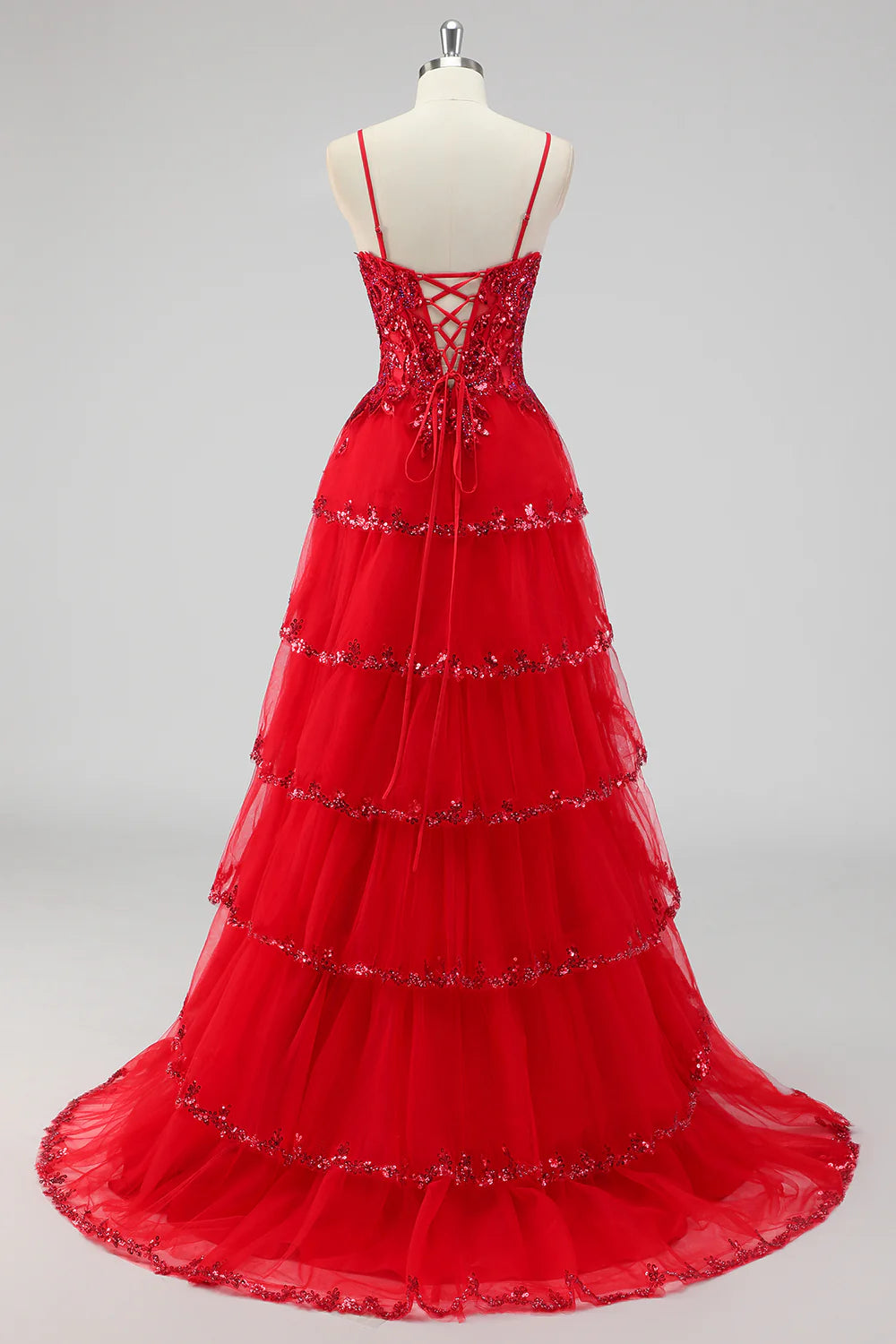 Sparkly Dark Red Sequins With Slit A-Line Strapless Tiered Corset Prom Dress Dark Red Evening Dress