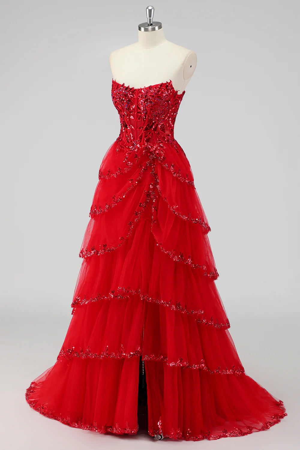 Sparkly Dark Red Sequins With Slit A-Line Strapless Tiered Corset Prom Dress Dark Red Evening Dress
