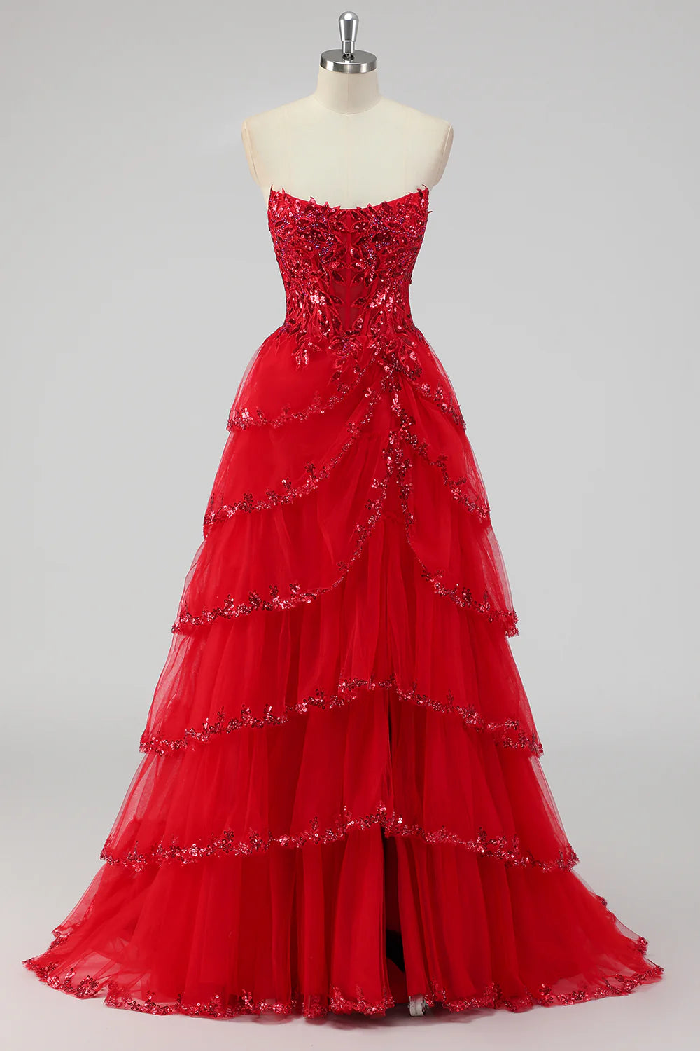 Sparkly Dark Red Sequins With Slit A-Line Strapless Tiered Corset Prom Dress Dark Red Evening Dress