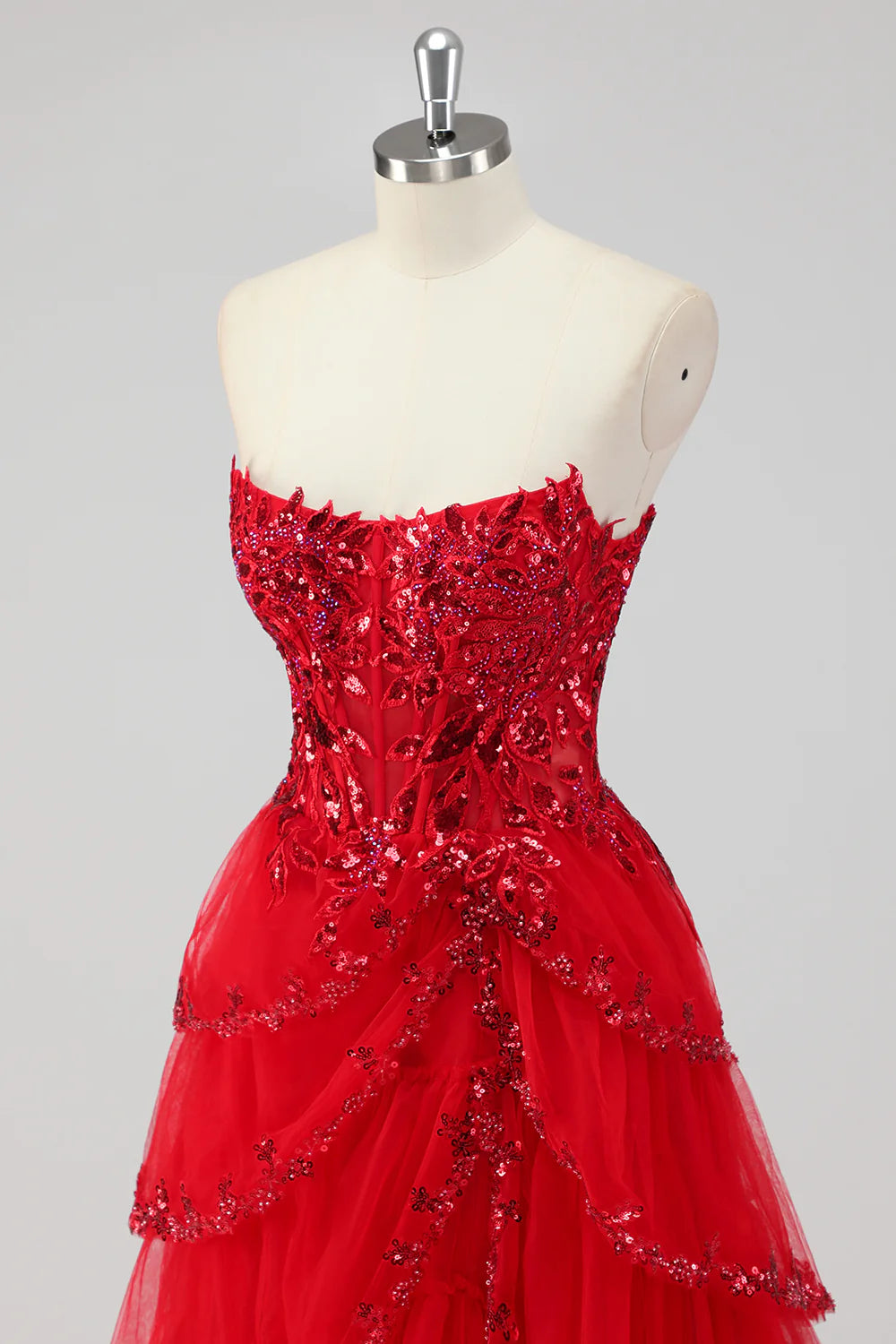 Sparkly Dark Red Sequins With Slit A-Line Strapless Tiered Corset Prom Dress Dark Red Evening Dress
