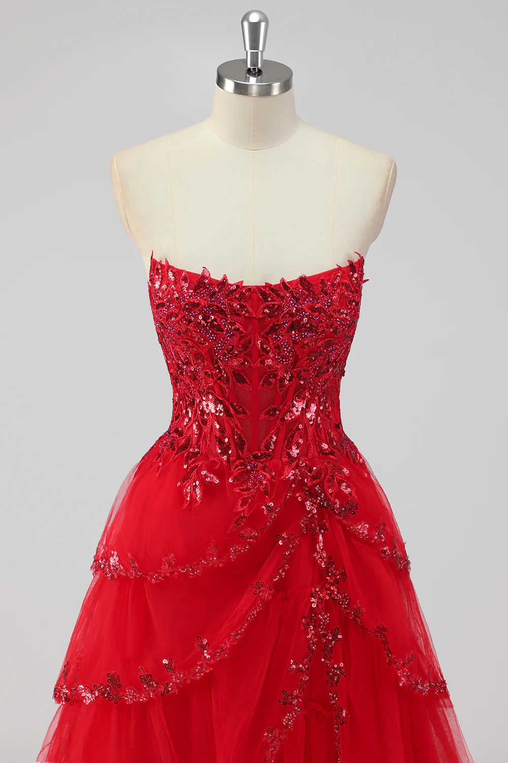 Sparkly Dark Red Sequins With Slit A-Line Strapless Tiered Corset Prom Dress Dark Red Evening Dress