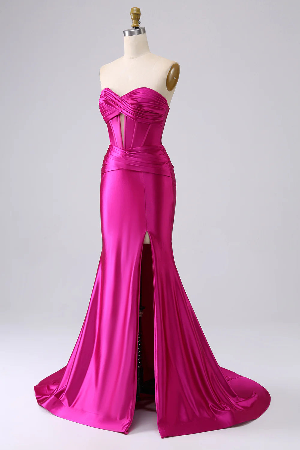 Sparkly Fuchsia Mermaid Sweetheart Neck Corset Hollow Long Prom Dress with Side Slit