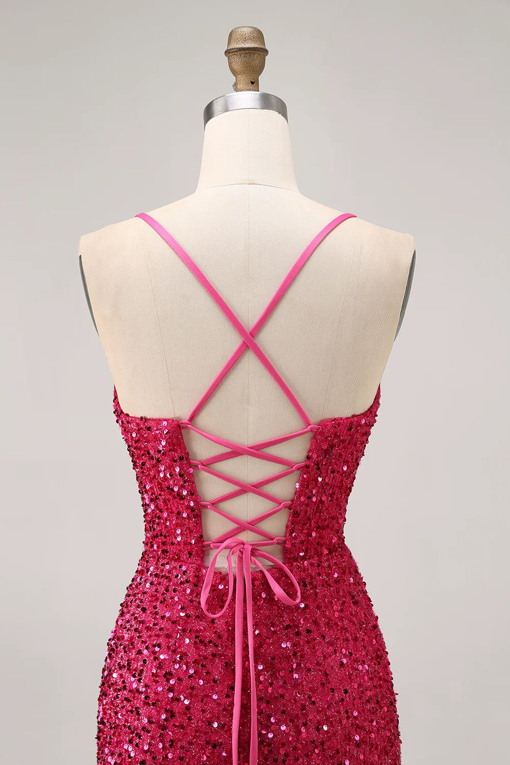 Sparkly Fuchsia Sequins Sweetheart Collar Cutout Spaghetti Straps Short Tight Homecoming Dress