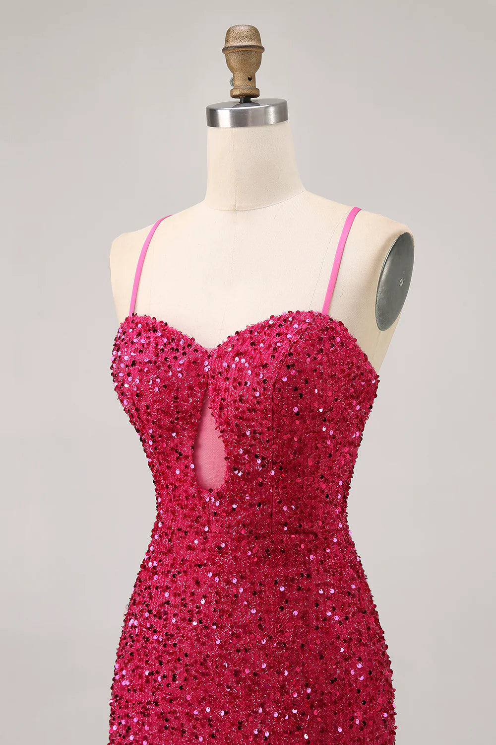 Sparkly Fuchsia Sequins Sweetheart Collar Cutout Spaghetti Straps Short Tight Homecoming Dress