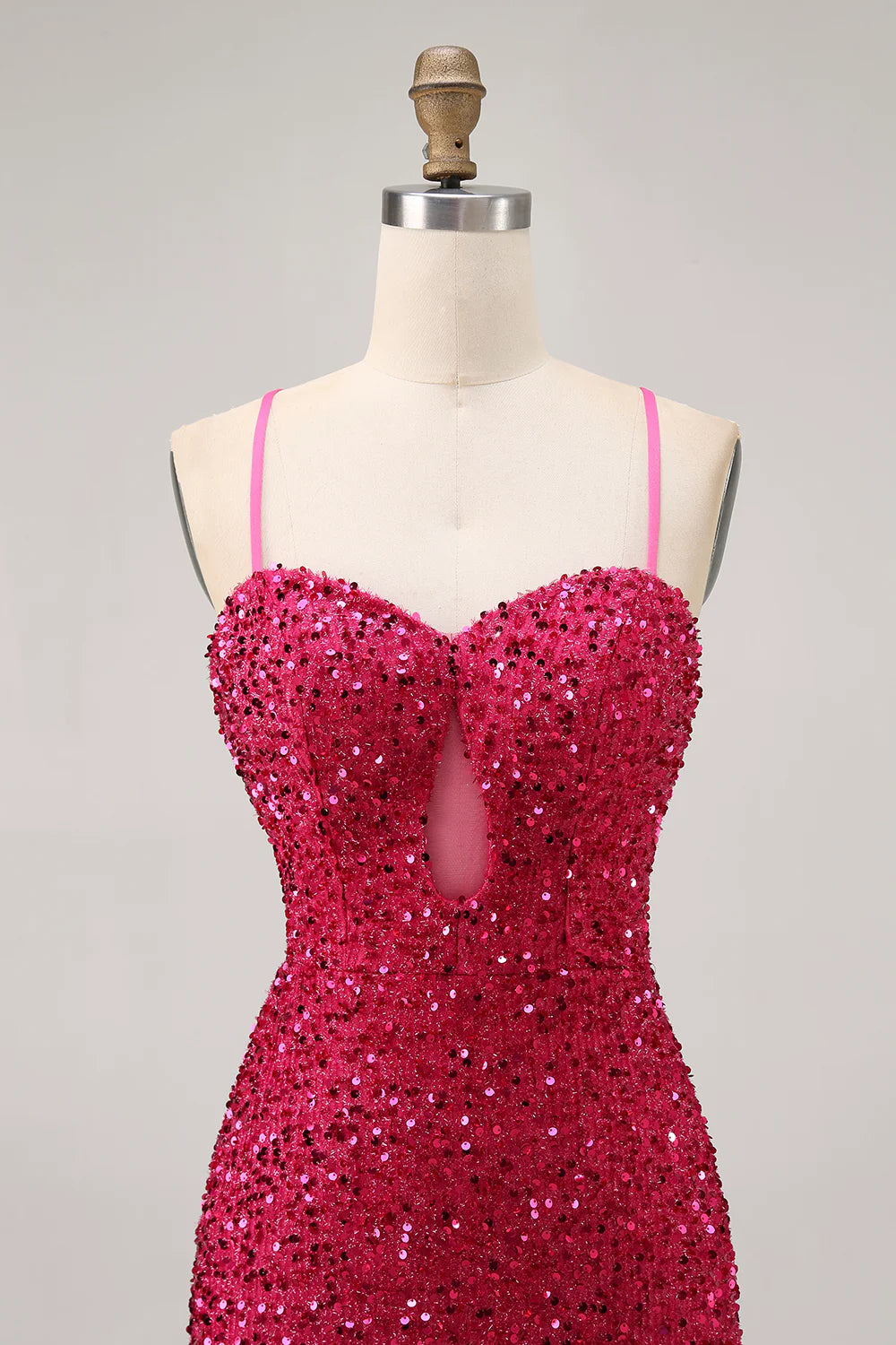 Sparkly Fuchsia Sequins Sweetheart Collar Cutout Spaghetti Straps Short Tight Homecoming Dress
