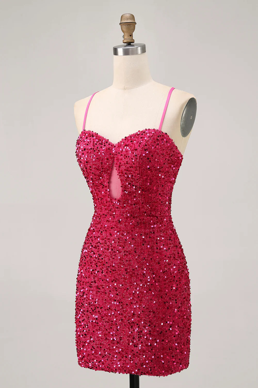 Sparkly Fuchsia Sequins Sweetheart Collar Cutout Spaghetti Straps Short Tight Homecoming Dress